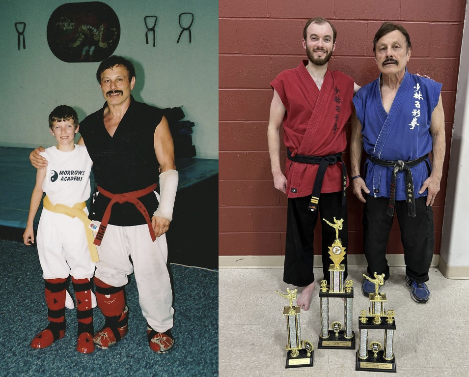 Side-by-side photos of a martial arts instructor with his student. The left photo shows them in a dojo, both wearing gi with red and black belts. The instructor has a mustache and is wearing red and black protective gear. The right photo shows them standing with awards and trophies, both smiling, in a gym or training center. The student is taller and wearing a red gi, the instructor is wearing a blue gi.