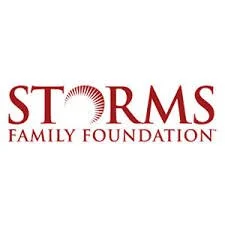 Storms Family Foundation logo in red text with a stylized sunburst design.