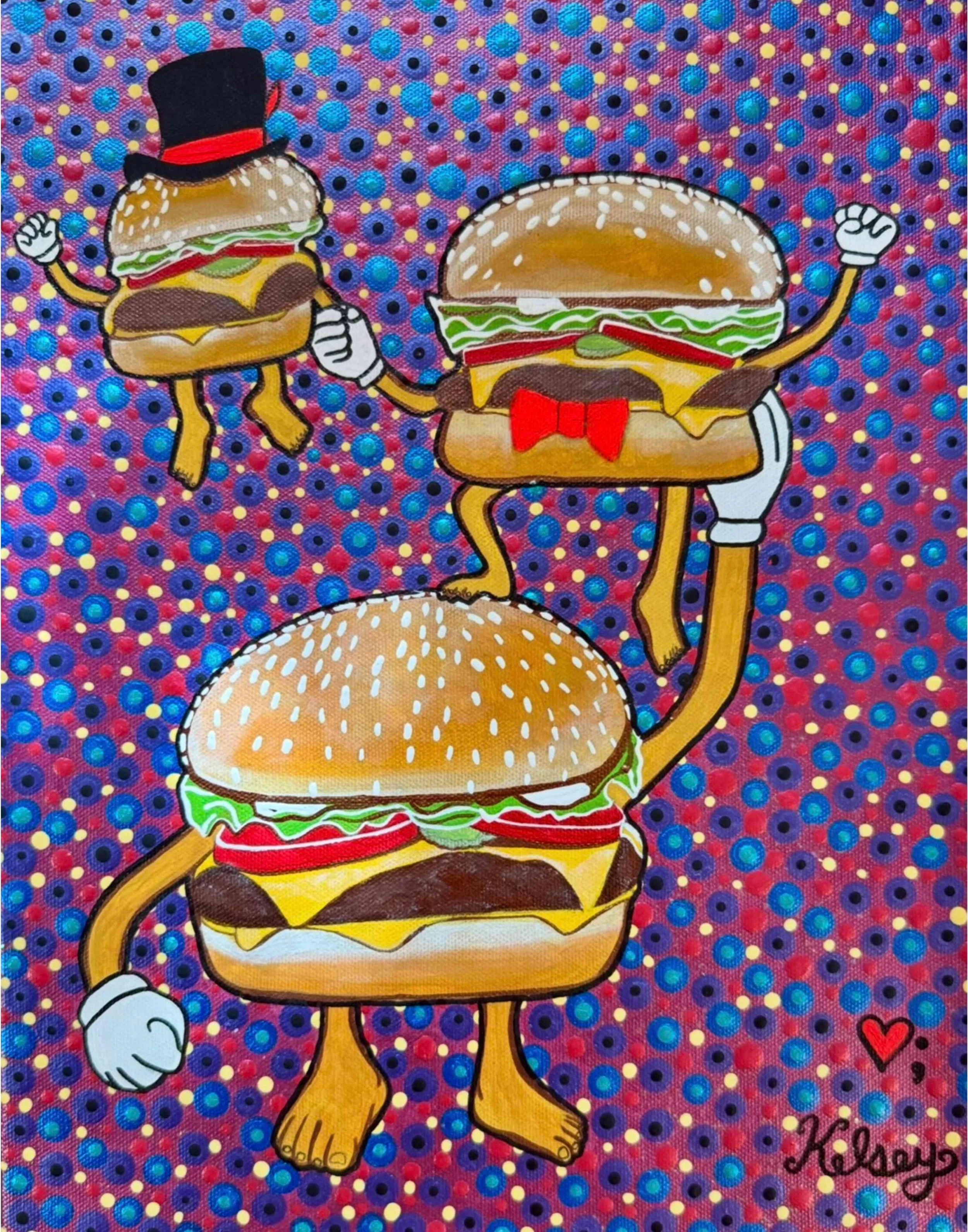 Topsy Turvy Triple Cheeseburger Tower by Kelsey Horine. Acrylic. NFS. 