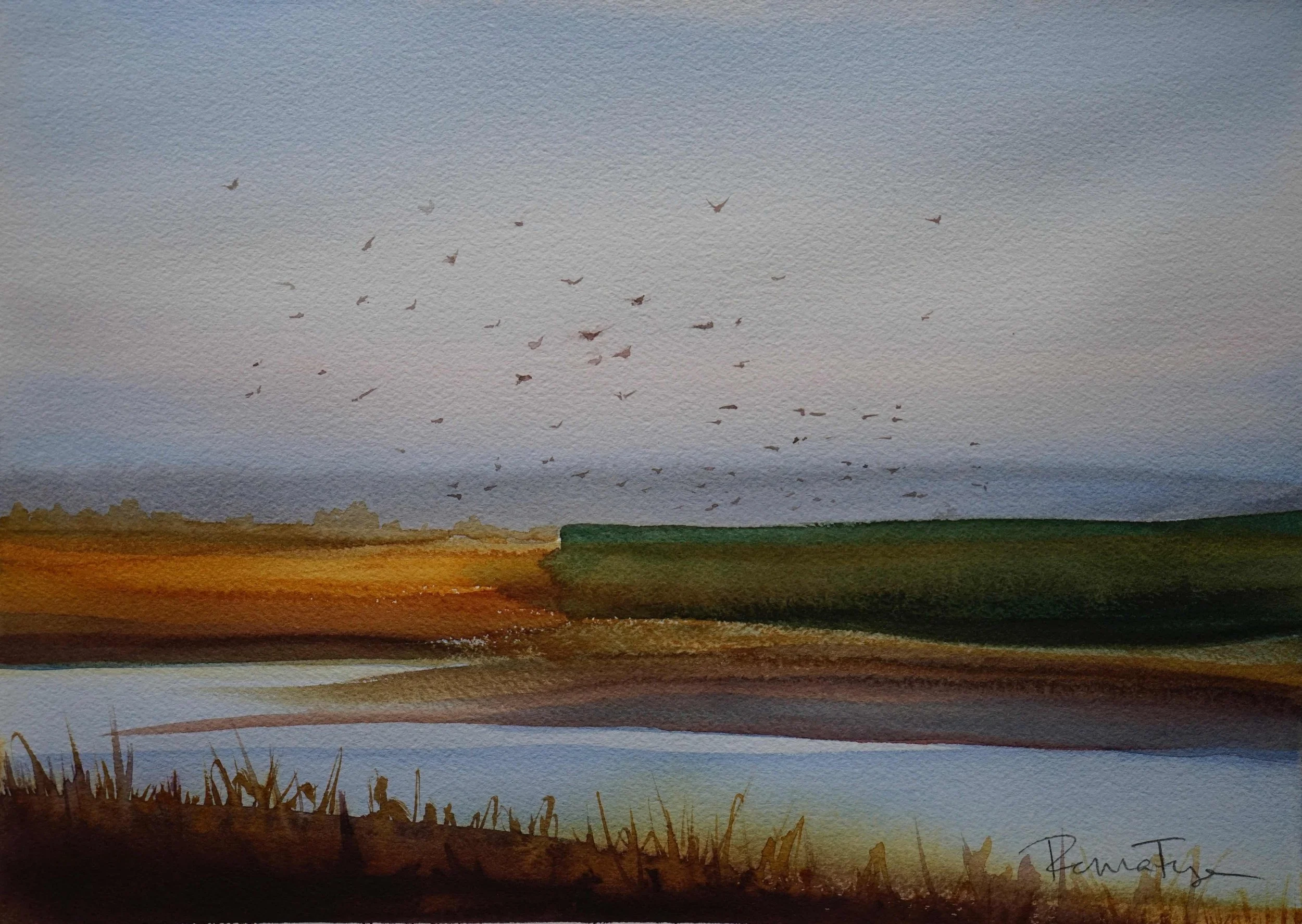Migration at Sauvie Island by Ronna Fujisawa. Watercolor. NFS.
