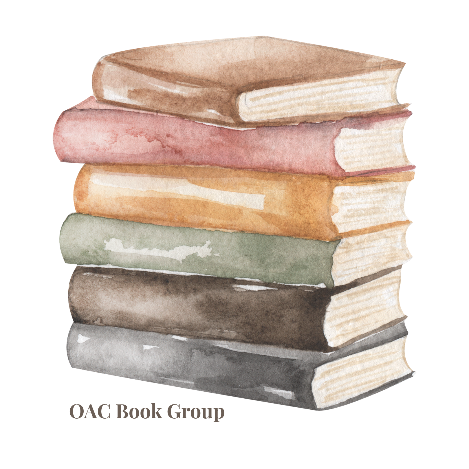 Hand-painted watercolor illustration of a stack of five closed books in various colors, stacked vertically.