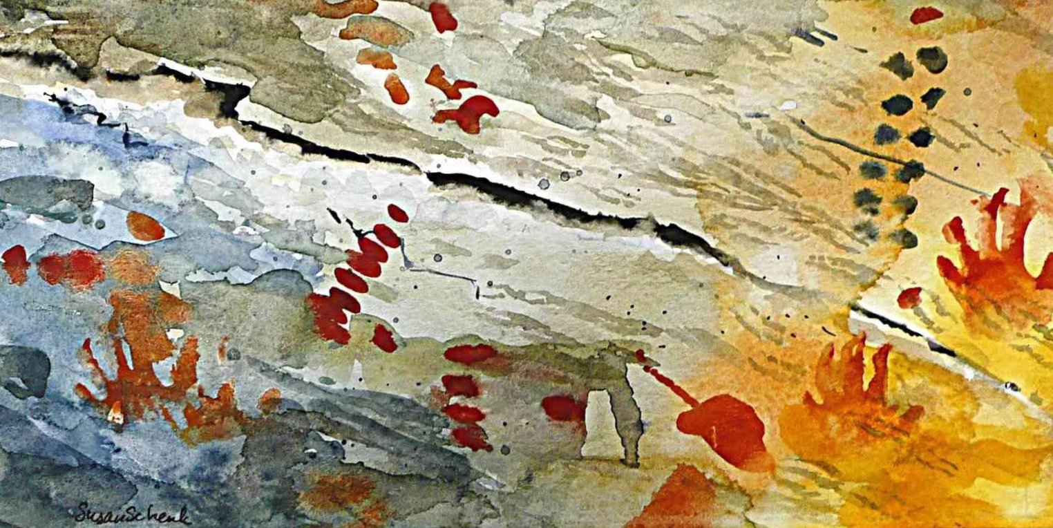 Abstract watercolor painting with splashes of red, orange, yellow, and blue, featuring black lines and brushstrokes.