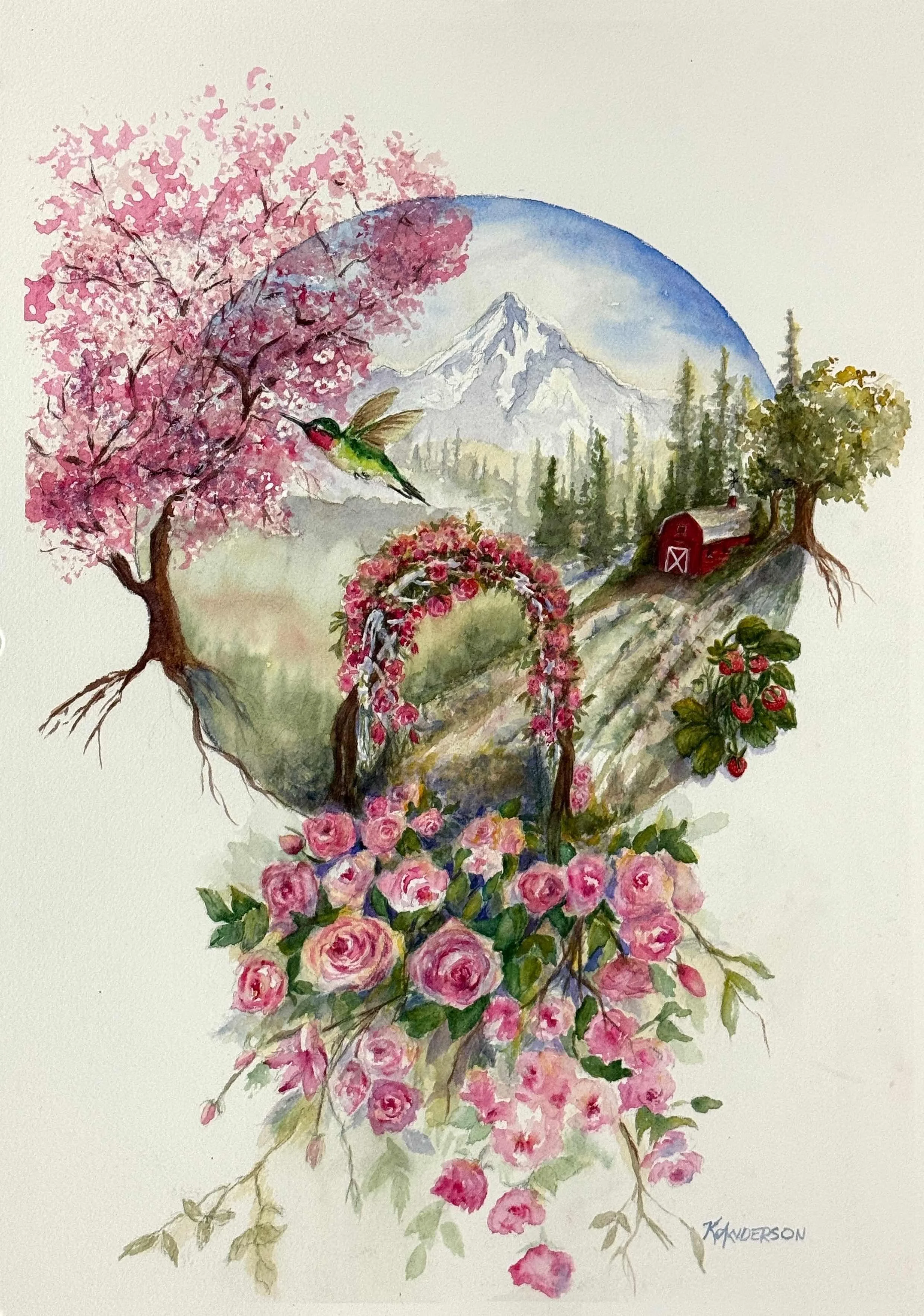 When Blossoms Meet the Mountain by Karin Anderson. Watercolor. $525. 