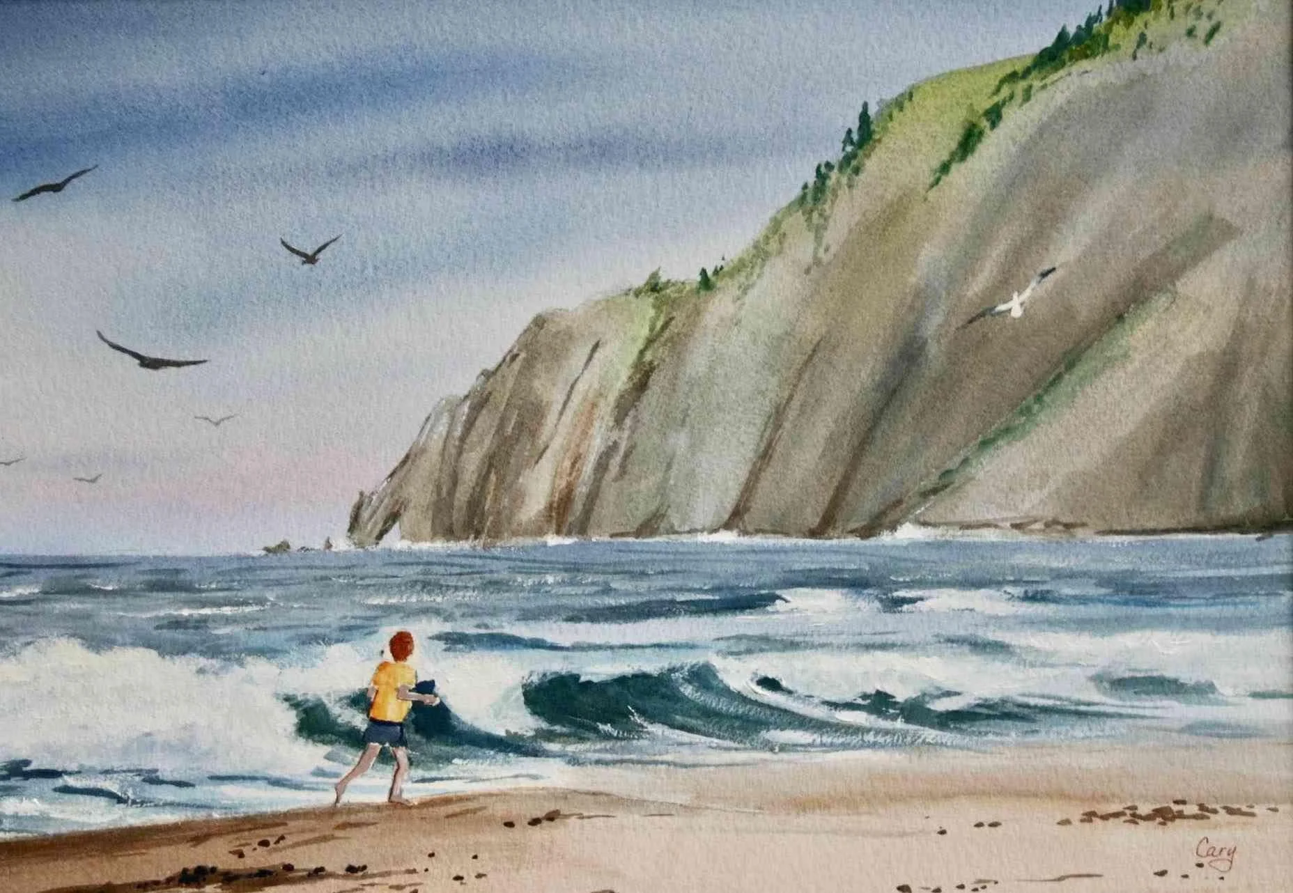 Jogging on Manzanita by Cary Sneider. Watercolor. $140.00