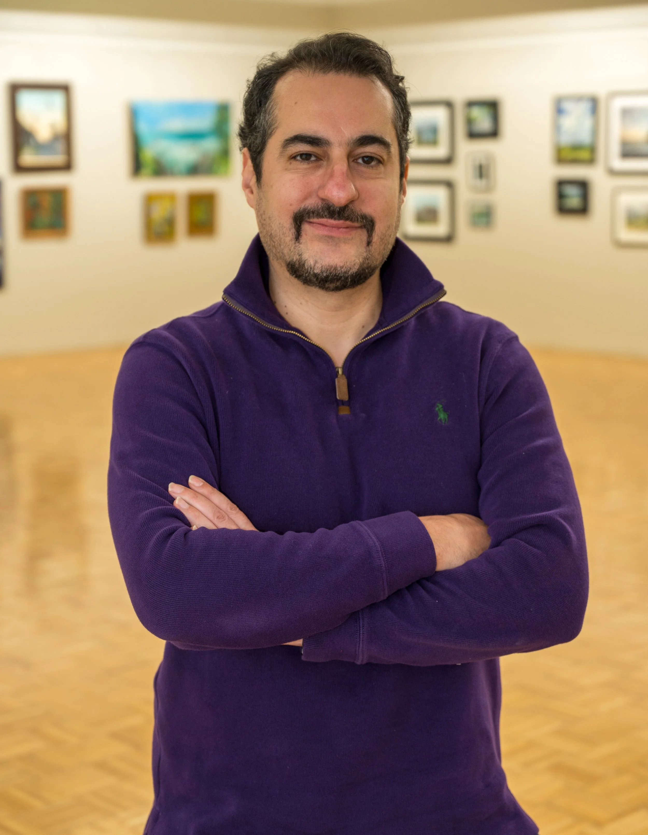 Man with dark hair, beard, and mustache standing with arms crossed in art gallery, wearing a purple quarter-zip sweater with a green logo.
