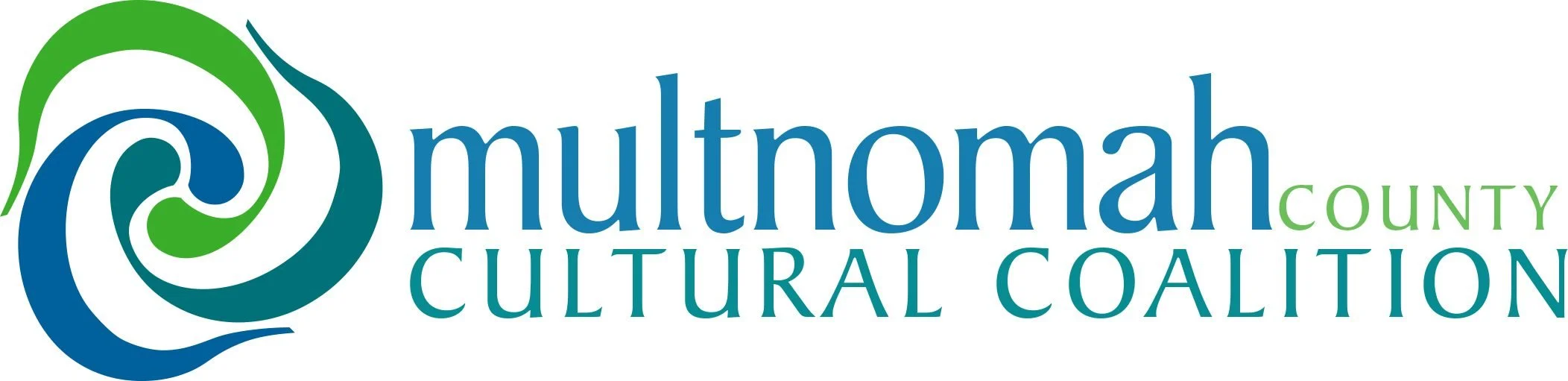 Logo of Multnomah County Cultural Coalition with a swirl design in green, white, and blue next to the text.