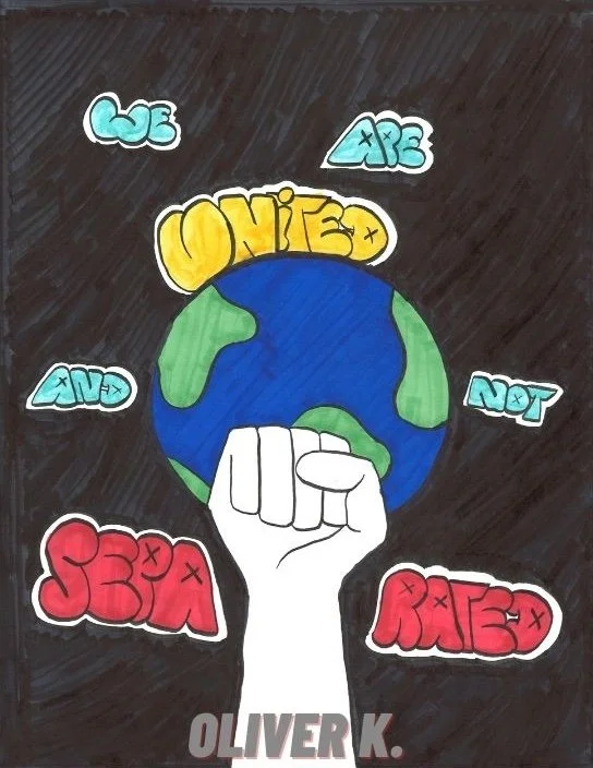 A drawing of a clenched fist holding the Earth, with colorful graffiti-style words around it: 'Love,' 'Ape,' 'Not,' 'Next,' and 'Lex.' The name 'Oliver K.' is written below.