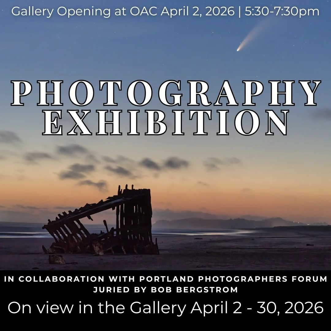 Event poster for a photography exhibition featuring a sunset or dawn scene on a beach with an old shipwreck and a comet in the sky. The exhibition is from April 2-30, 2026, with an opening reception on April 2 from 5:30-7:30 pm, in collaboration with Portland Photographers Forum, curated by Bob Bergstrom.