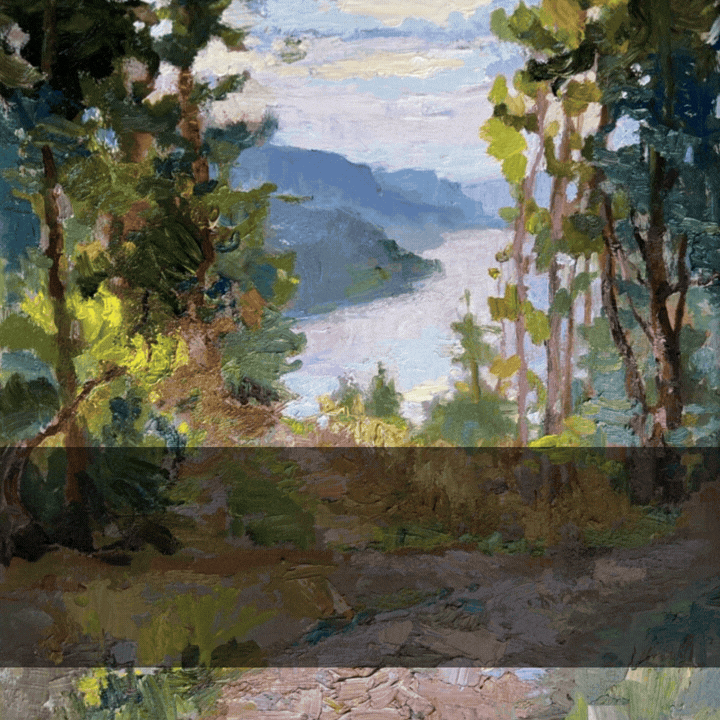 A landscape painting of a river flowing through a forested canyon with mountains in the background.