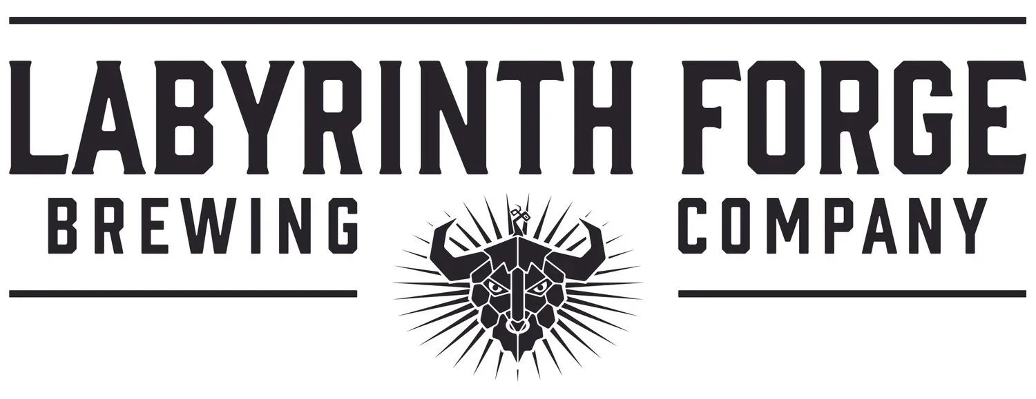 Logo for Labyrinth Forge Brewing Company featuring a stylized goat's head with horns, set against radiating lines.