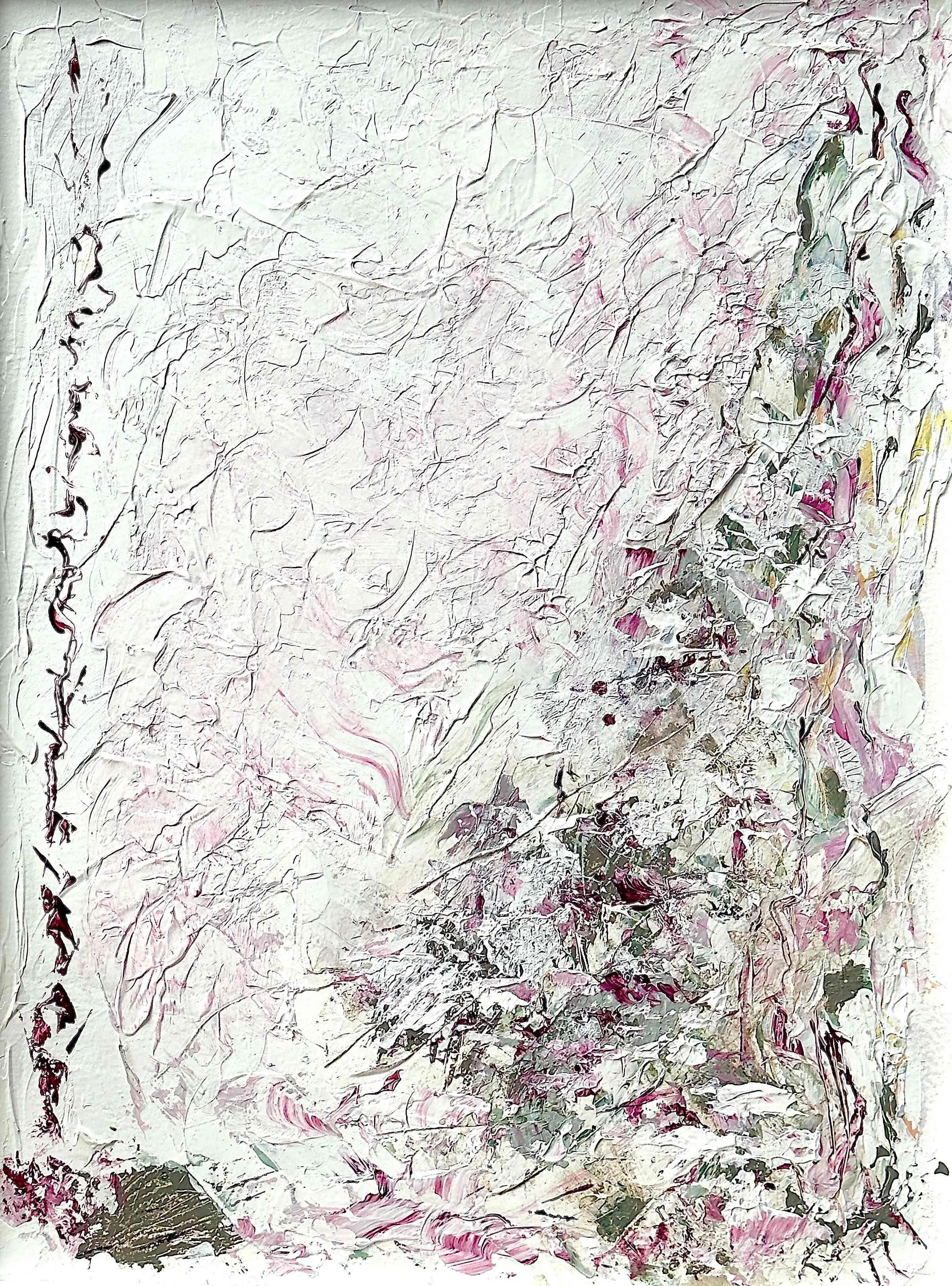 Abstract artwork with layered textures, swirling lines, and splashes of pink, white, black, and green colors.
