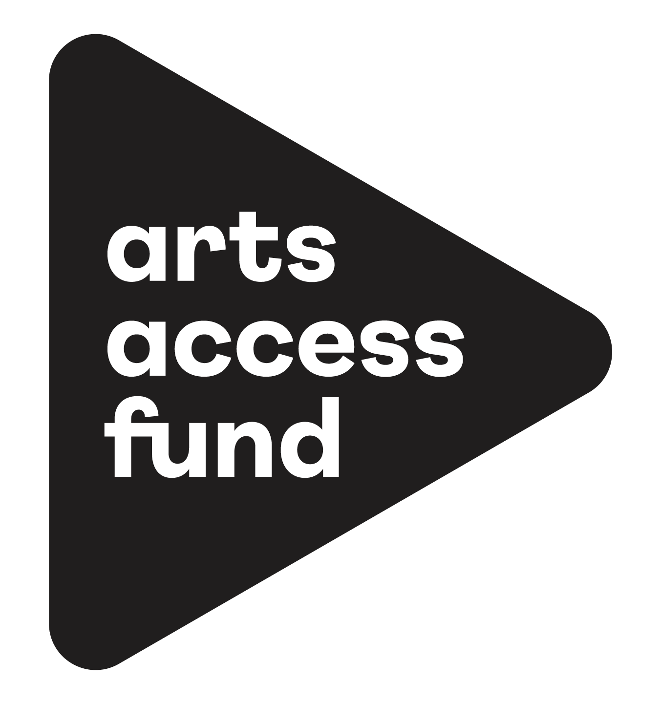 Logo for arts access fund with black background and white text inside a black arrow shape.
