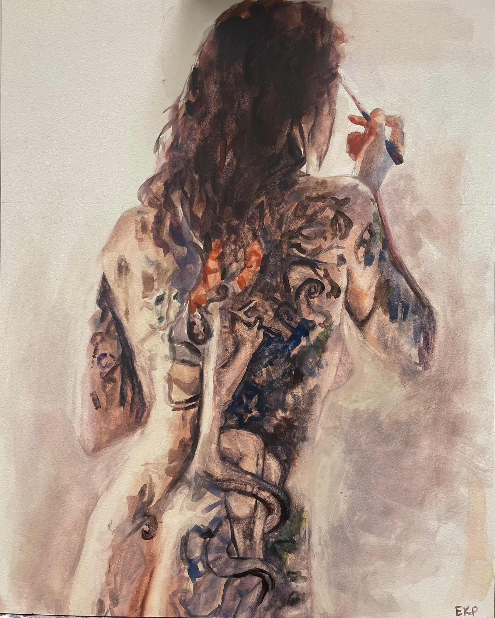 Kat Getting Ready by Erin Power. Watercolor. $450.00