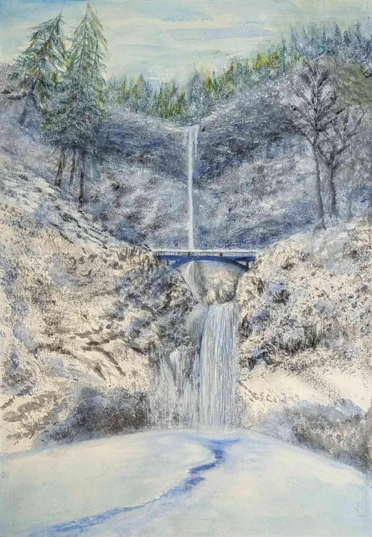 Sandra Takabayashi. Multnomah Falls Winter's White. Watercolor. $2,000.00.