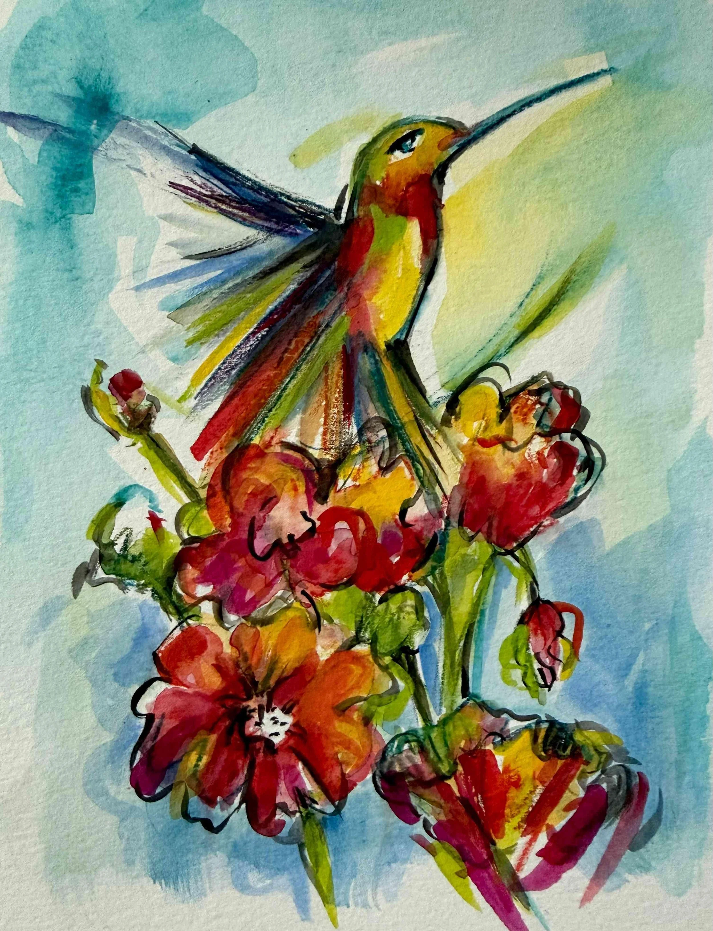 Hummer in Blooms by Janet McIntyre. Watercolor. $275. 