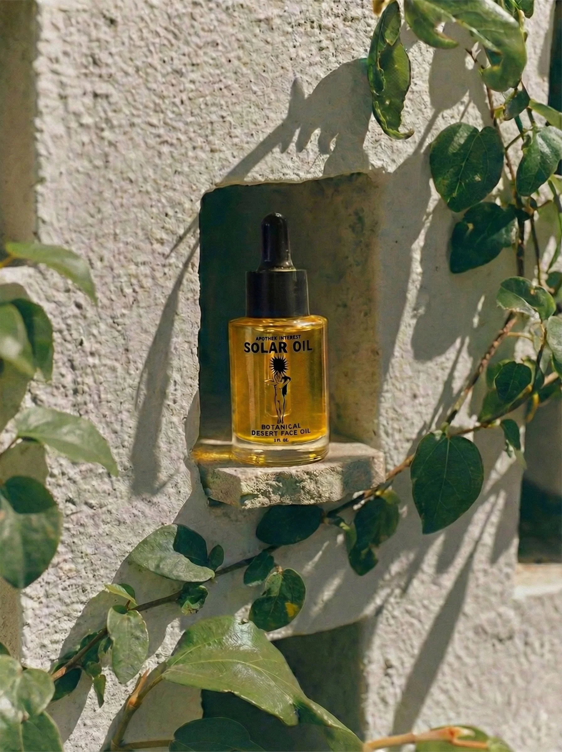 A glass dropper bottle of Apothek Interest Solar Oil Botanical Desert Face Oil sitting in a sunlit stone wall niche surrounded by green vines.