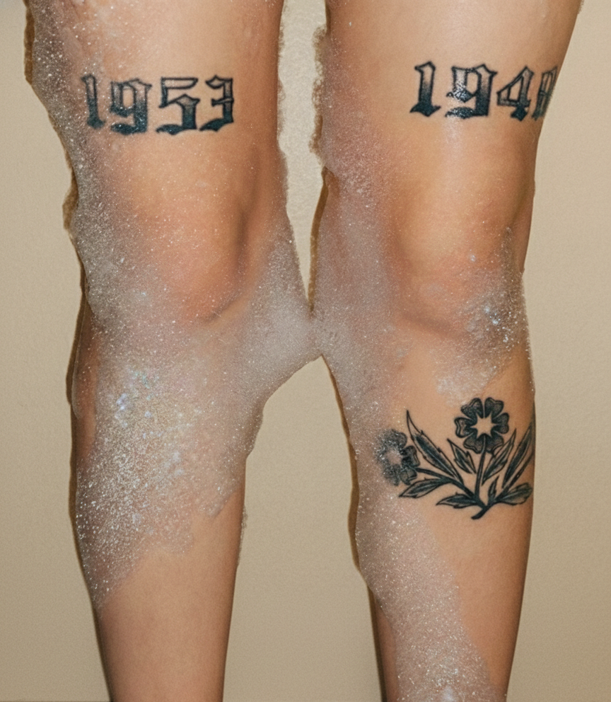 Legs covered in iridescent Apothek Interest bubble bath foam showing black letter 1953 and 1940 thigh tattoos