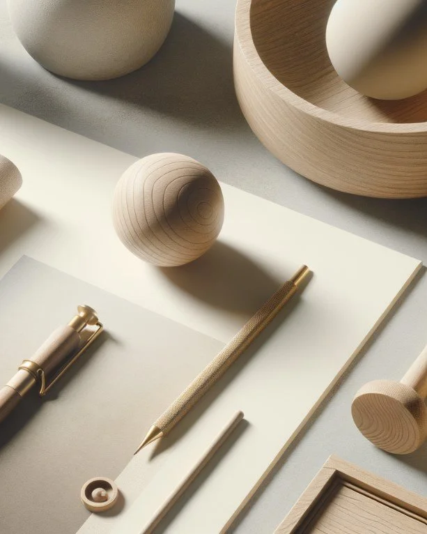 Arrangement of wooden objects, including a ball, a ring, a board, and a curved piece, along with a gold pen and a brass roller on a white surface.
