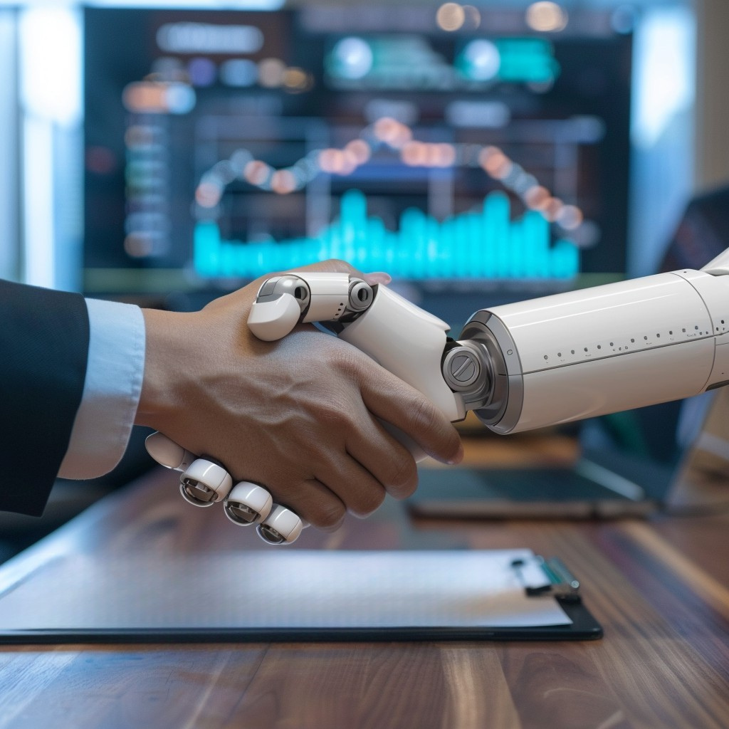 A human hand and a robotic hand shaking in front of computer screens displaying financial charts and data.