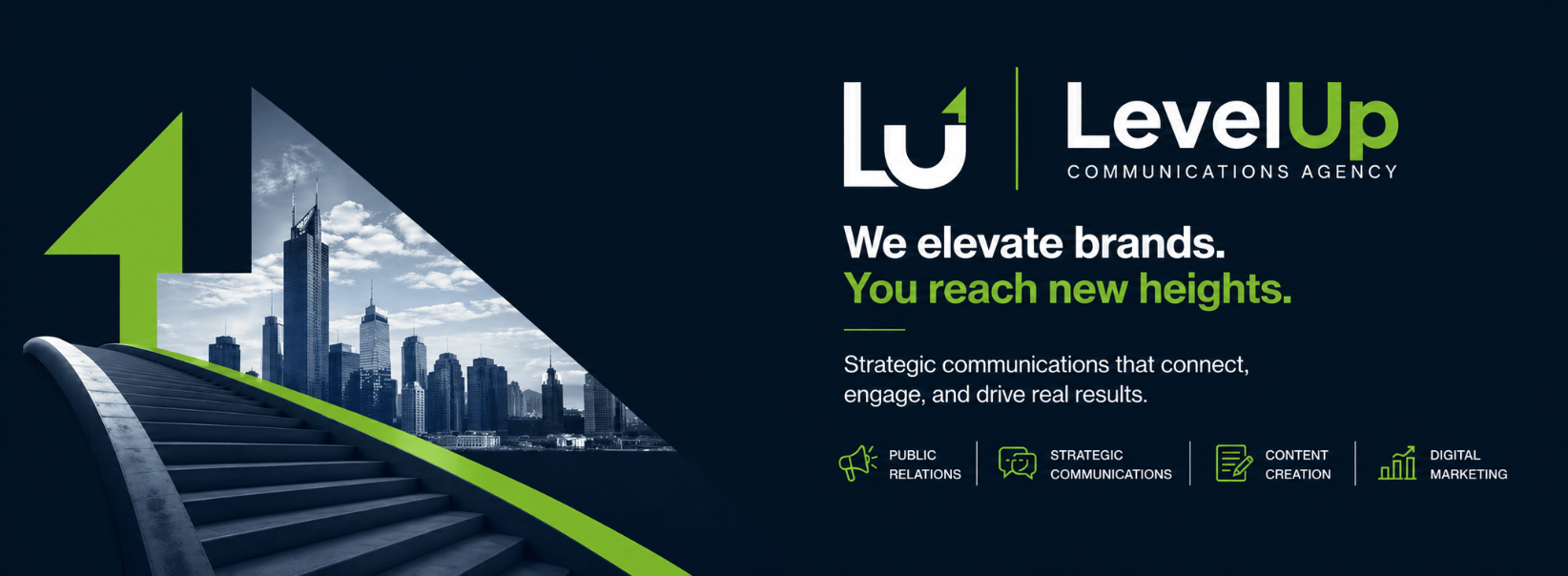 A promotional graphic for LevelUp Communications Agency showing a staircase leading up to a city skyline with skyscrapers, with text about elevating brands and connecting through strategic communications.