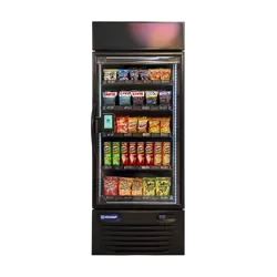 A commercial freezer with a glass front filled with various frozen food products.