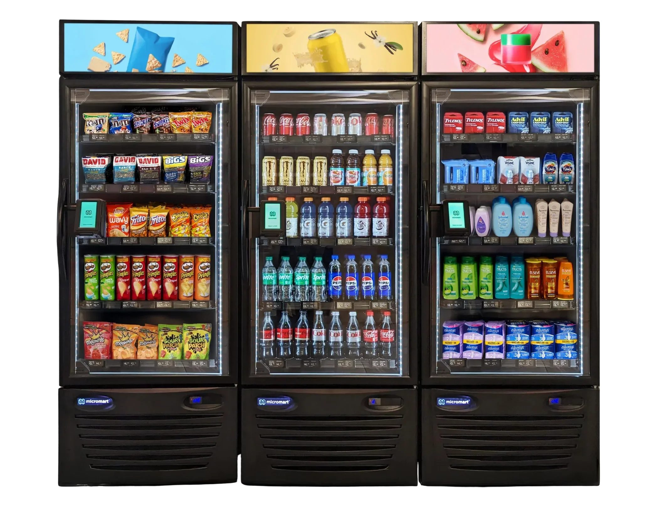 A three-door vending machine stocked with snacks, candies, and beverages.