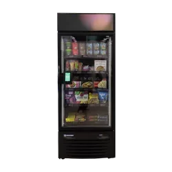 A vending machine stocked with snacks and beverages, featuring a glass front display.