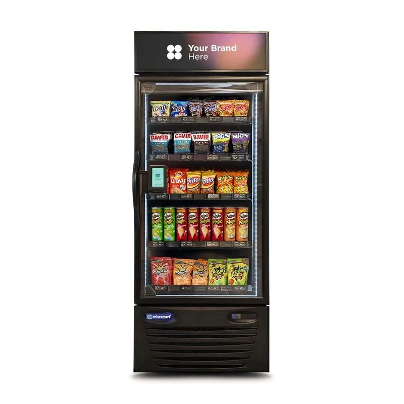 A vending machine stocked with snacks including chips, candies, and granola bars.