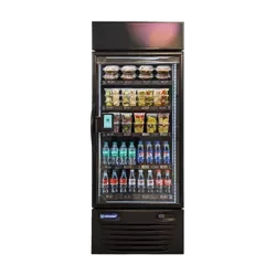 A glass-door refrigerated vending machine filled with bottled beverages and snack items.