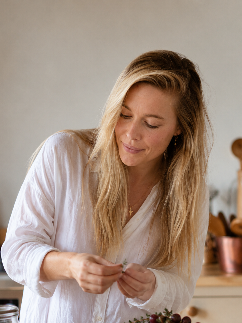 Benny is in the kitchen cooking with herbs. She is wearing a white shirt holding a small plant or herb, in a cozy kitchen.
