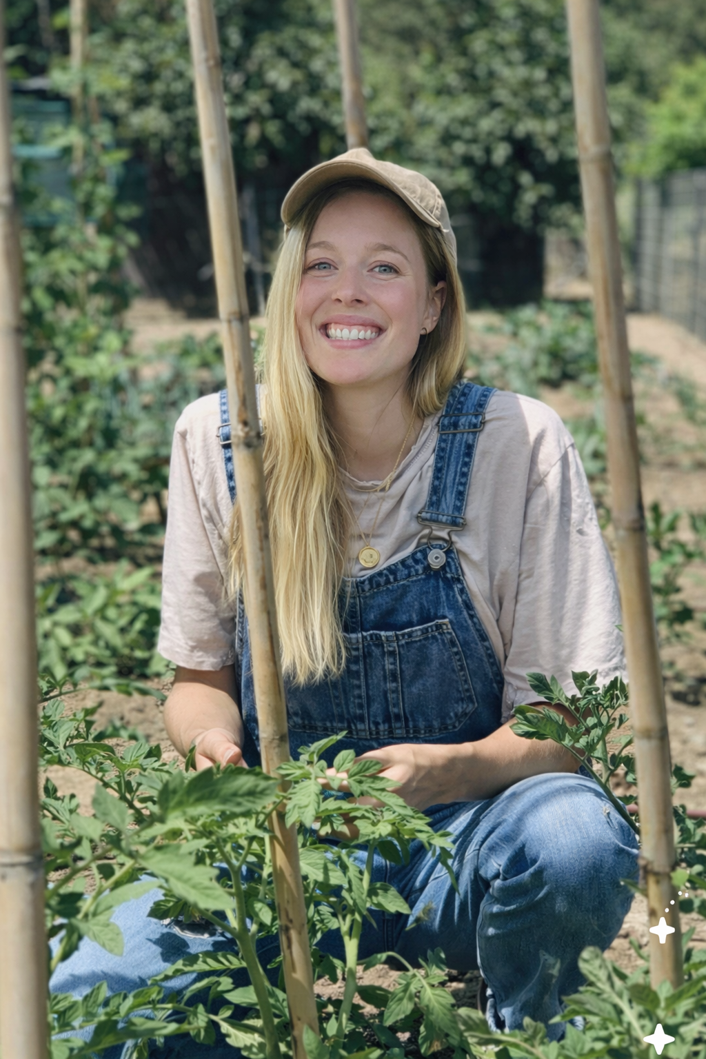 Benny is wearing a beige cap, gray t-shirt, and denim overalls, smiling in a garden with green plants and bamboo stakes.