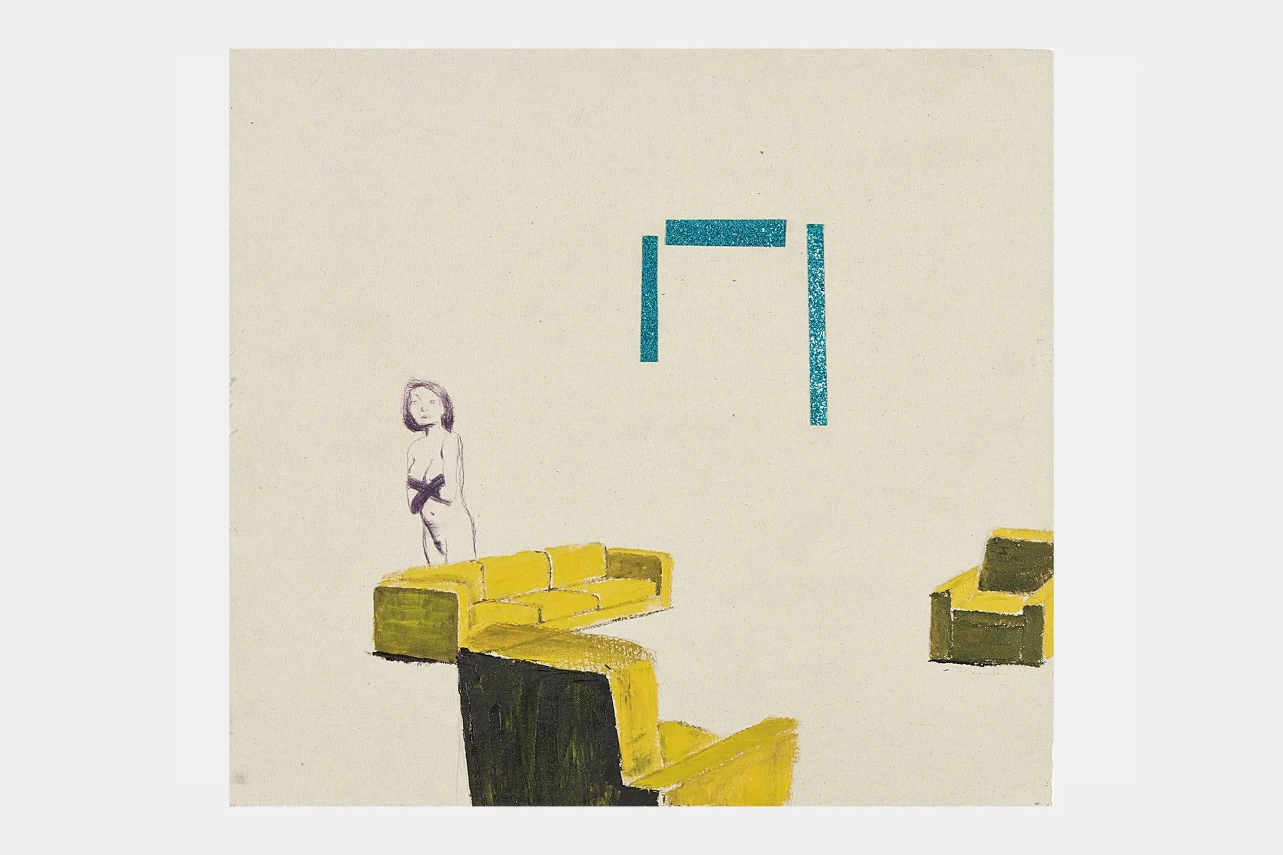 Untitled, 2007, oil, glitter tape and ballpoint pen on canvas, mounted on board, 21 3/10 × 23 in | 54 × 58.4 cm