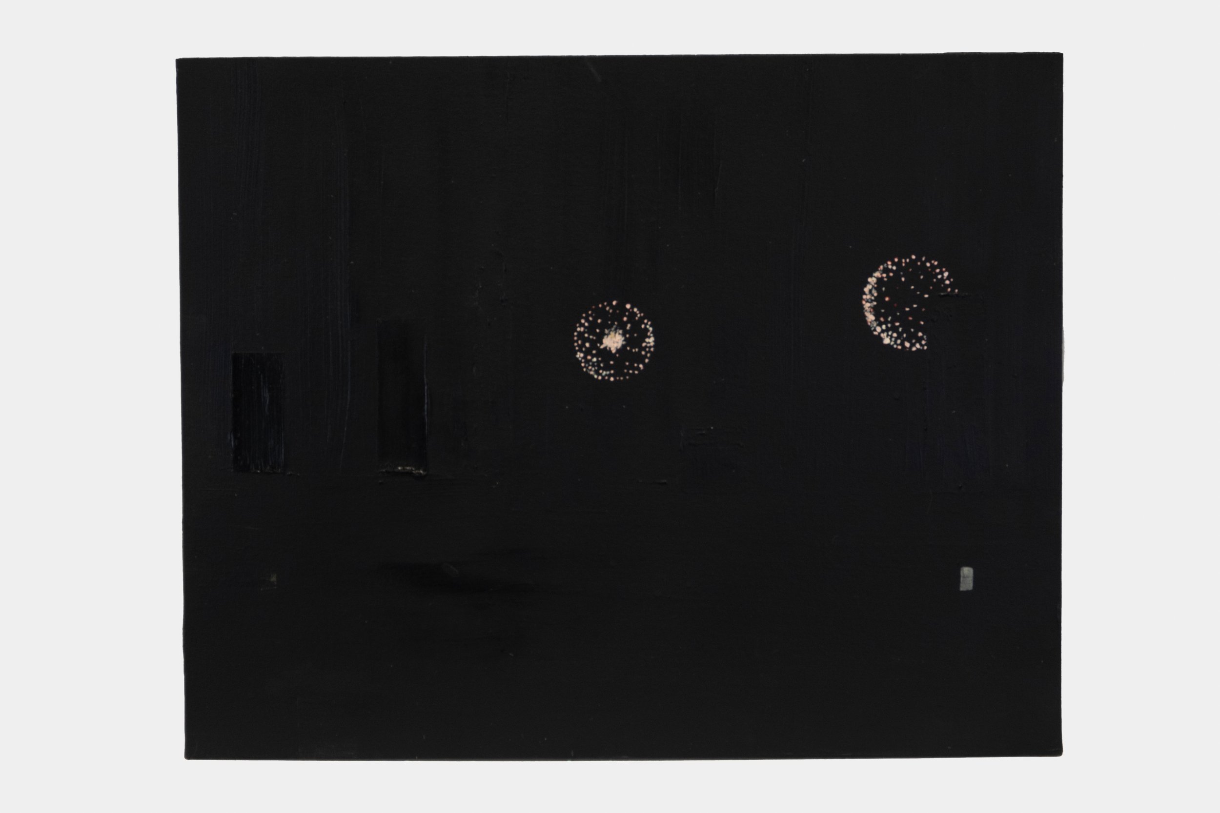 Untitled (Fireworks Over the East River), 2023, Oil on canvas, 16 x 20 in (40.6 x 50.8 cm)