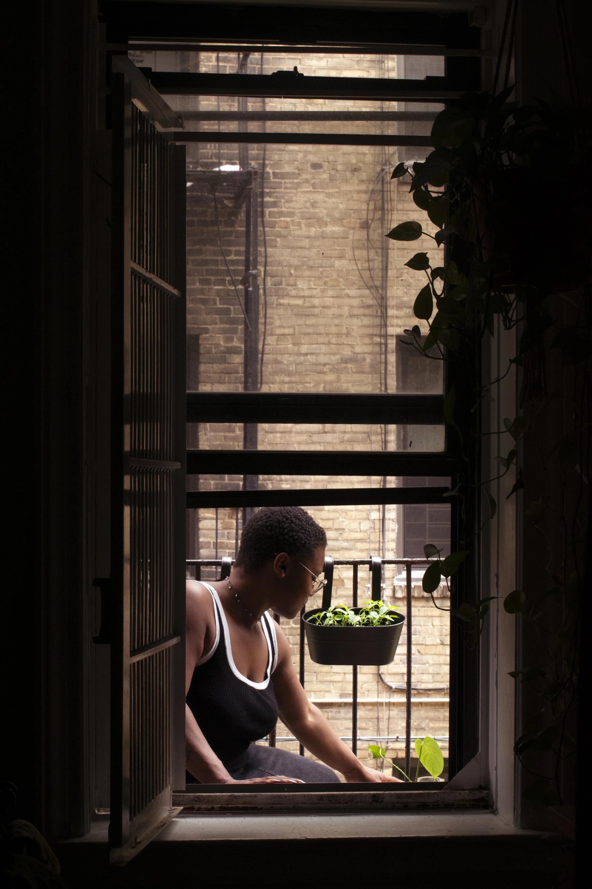 person is tending to their garden on a fire escape