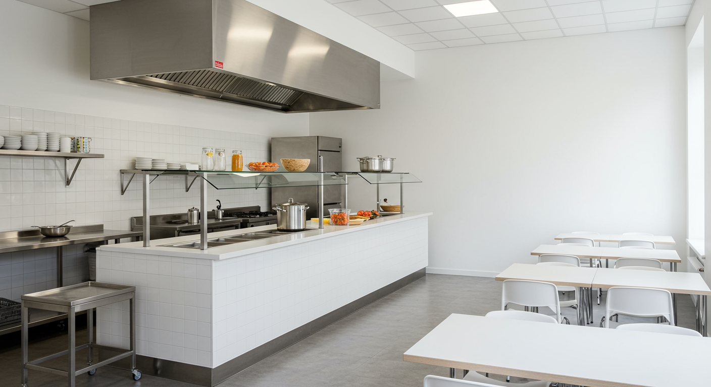 Empty cafeteria or staff kitchen with white tables and chairs, stainless steel kitchen equipment, and a food service counter with lids, bowls, and ingredients.