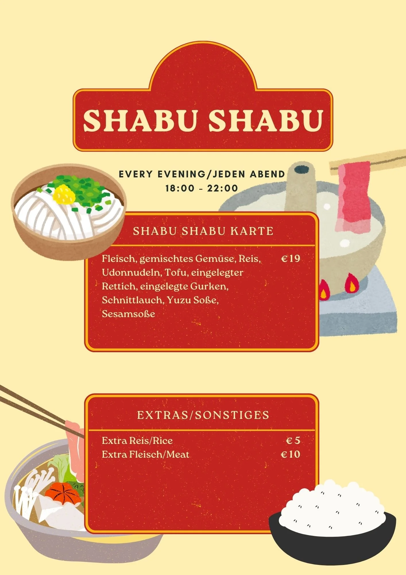 A menu for a Shabu Shabu restaurant, offering Japanese hot pot dishes. The menu features the restaurant's name, hours of operation from 6 PM to 10 PM, and options for various ingredients and extras. The background has illustrations of a hot pot, a bo