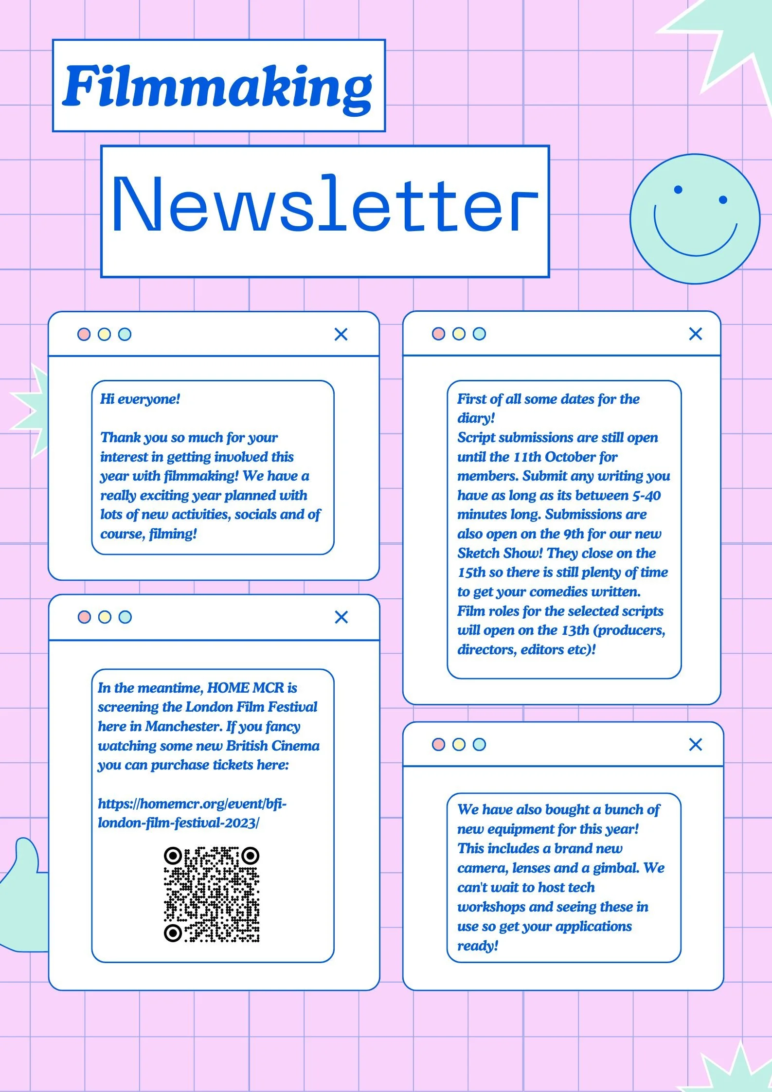 Colorful newsletter with a pink grid background, featuring sections about filmmaking activities, scripts submissions, screening event, and new equipment purchases, with text in blue and headings in bold.