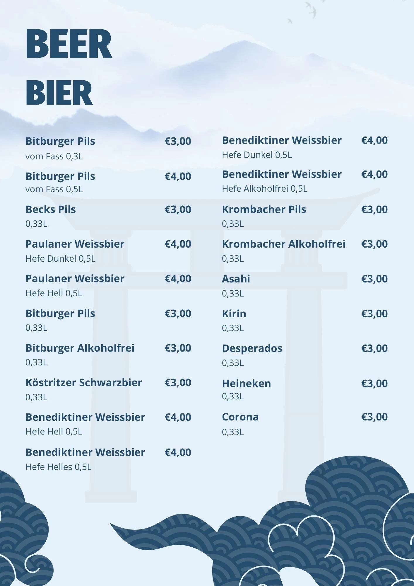 Menu listing various German beers with prices, including different types of Bitburger, Benediktiner, Becks, Paulaner, Krombacher, Köstritzer, Kirin, Desperados, Heineken, Corona, and others.