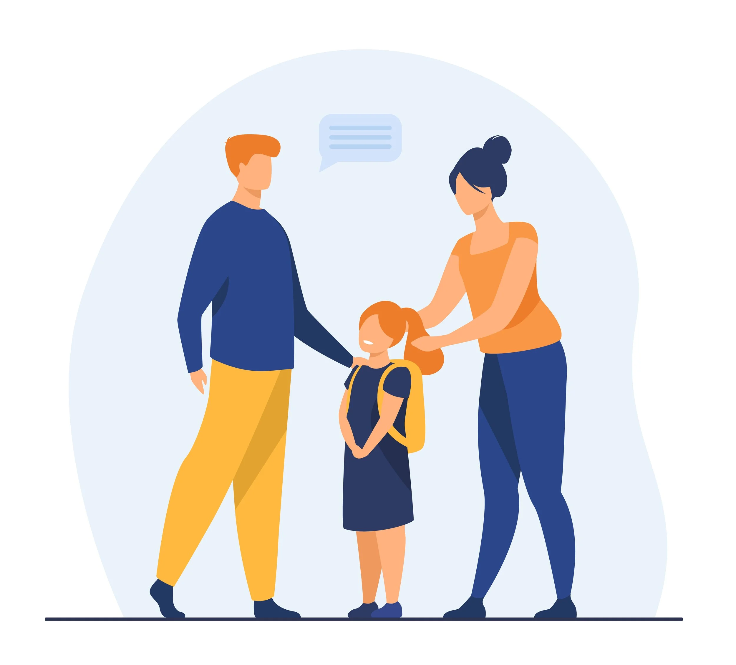 Illustration d'une famille avec un enfant à l'école, mère coiffée en chignon, père aux cheveux courts, enfant avec sac jaune. L'enfant est au centre, la mère lui tend la tête et le père lui tient la main.