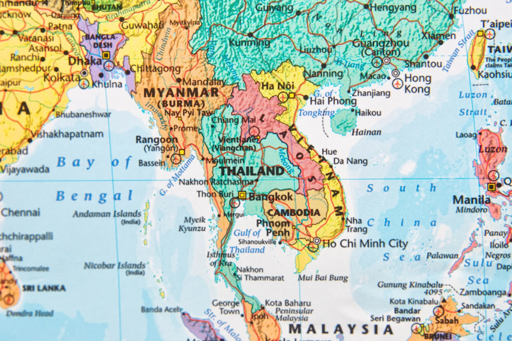 A map showing Southeast Asia, including countries like Thailand, Myanmar, Vietnam, Cambodia, Malaysia, and parts of surrounding countries. Major cities such as Bangkok, Hanoi, and Phnom Penh are marked, along with national borders and bodies of water.