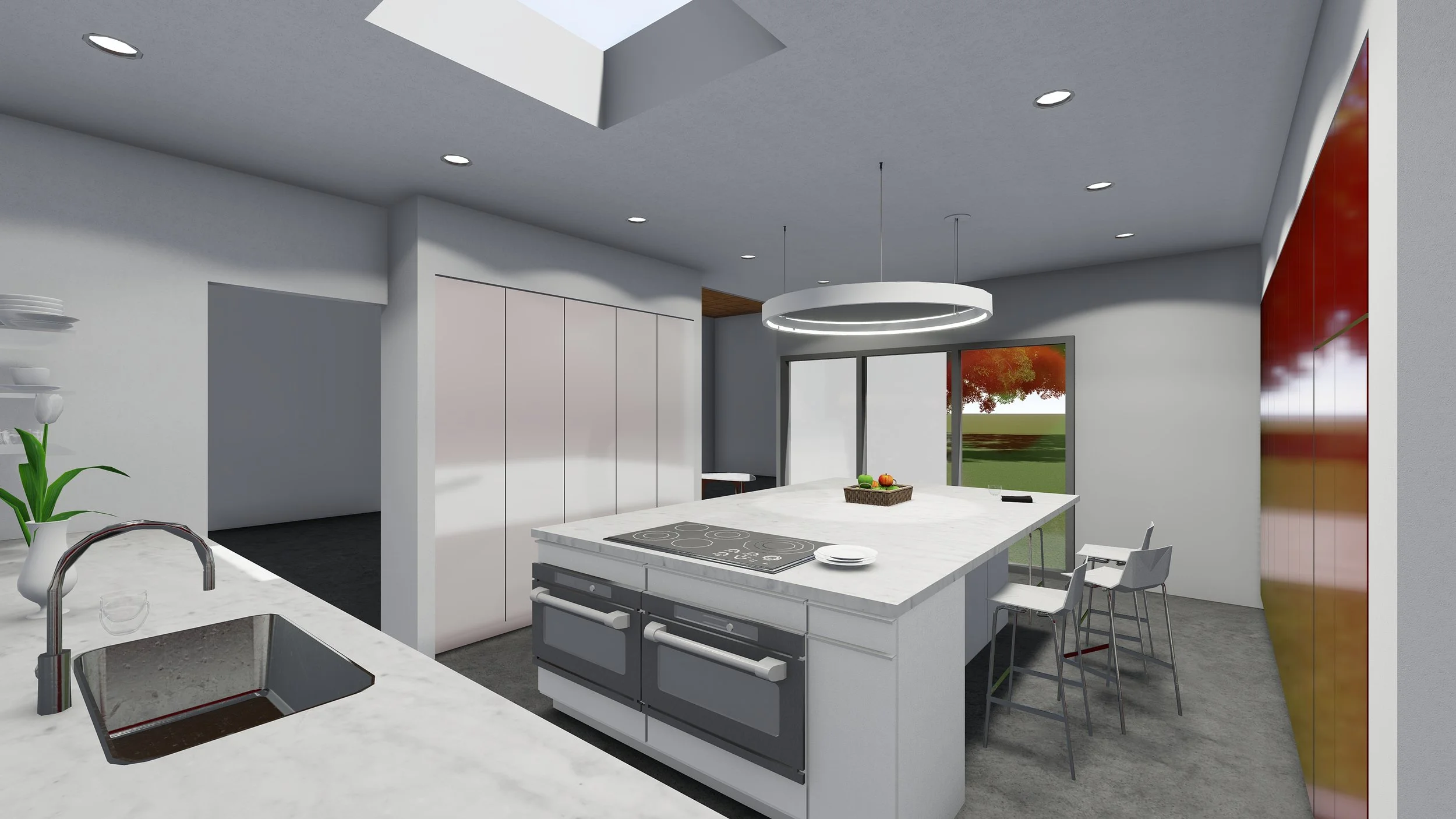 Modern kitchen with white cabinets, a large central island with a stovetop, a sink on the counter to the left, and a patio door to the outside. There is a round LED hanging light fixture above the island, and a partial view of a red wall on the right.