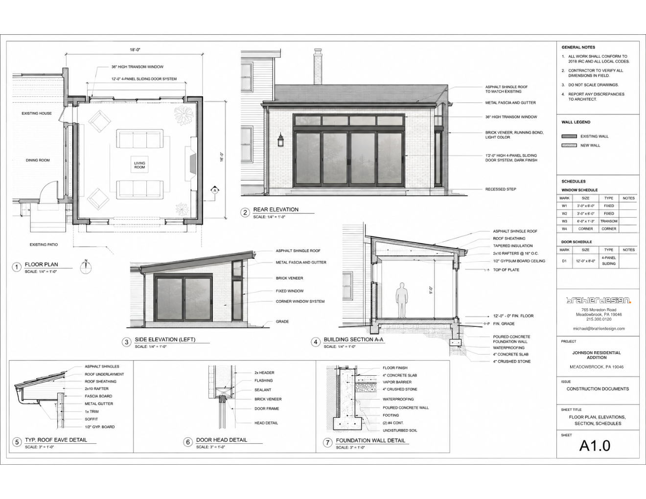 Architectural blueprint of a house with detailed floor plans, elevations, and construction details, including rear and side views, roof, door, and foundation diagrams, with technical specifications and notes brahlerdesign.