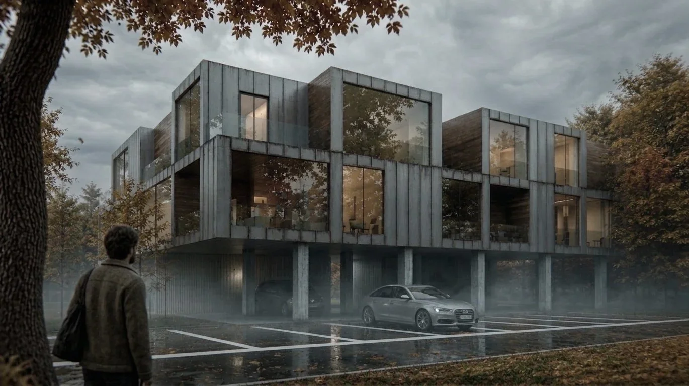 Modern multi-story building with large glass windows, elevated on stilts, surrounded by trees and a parking area underneath, with a person standing inside visible through the glass. brahlerdesign.
