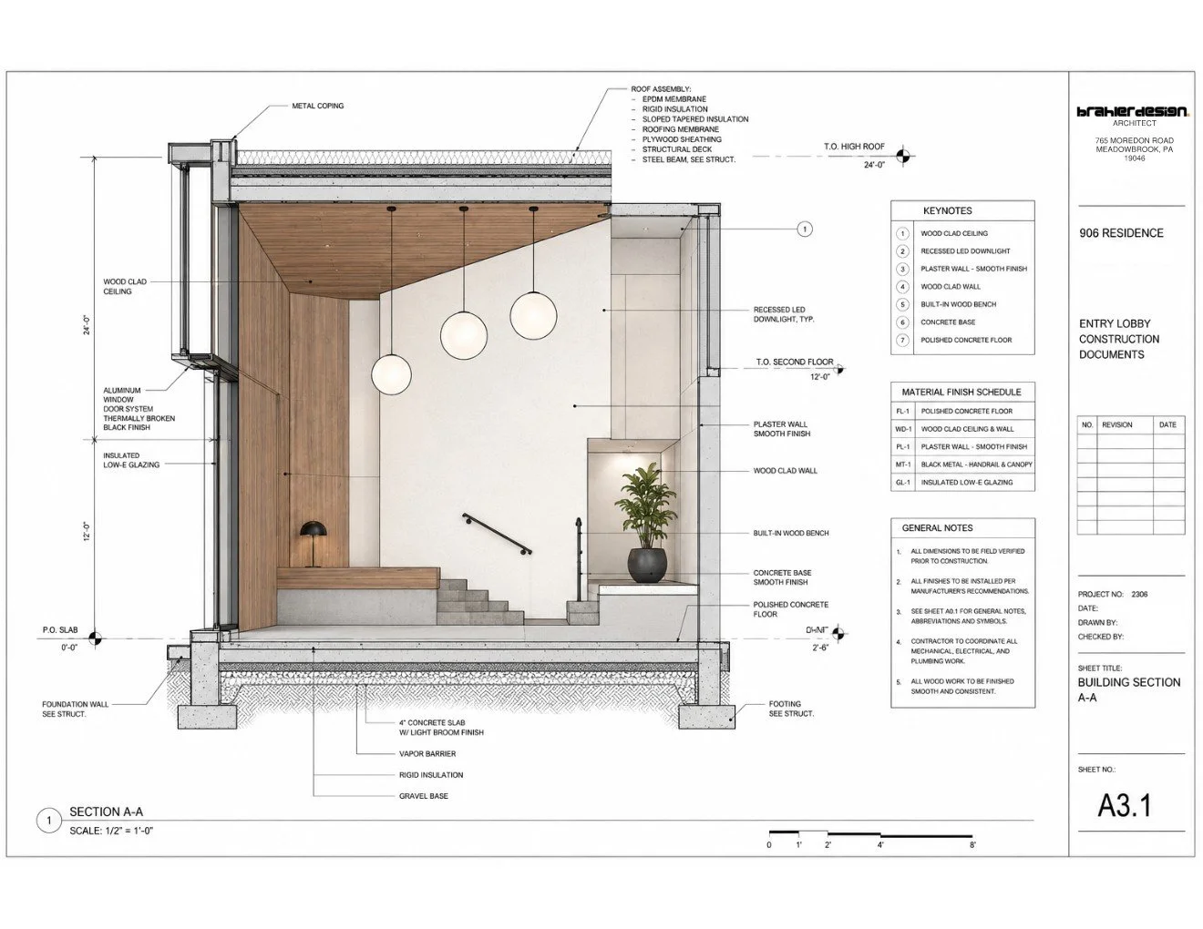 Architectural building section plan showing interior design details with wood ceiling, concrete base, built-in wood bench, stairs, modular lighting, and labeled construction materials and notes brahlerdesign.