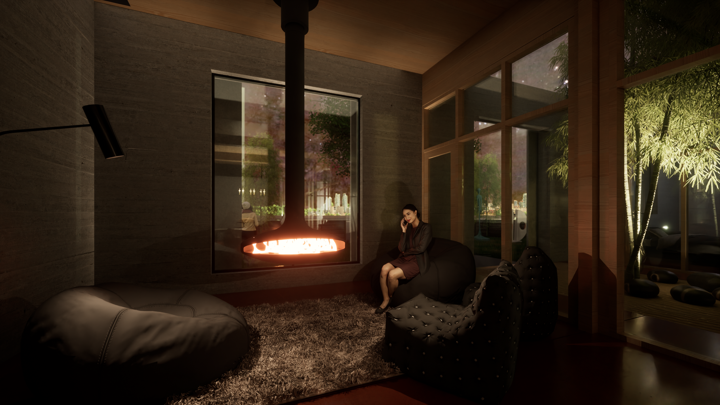 Interior of a modern living room with large windows, a suspended fireplace, plush furniture, and a woman sitting on a beanbag talking on the phone. There is a tree visible outside through the windows. brahlerdesign.