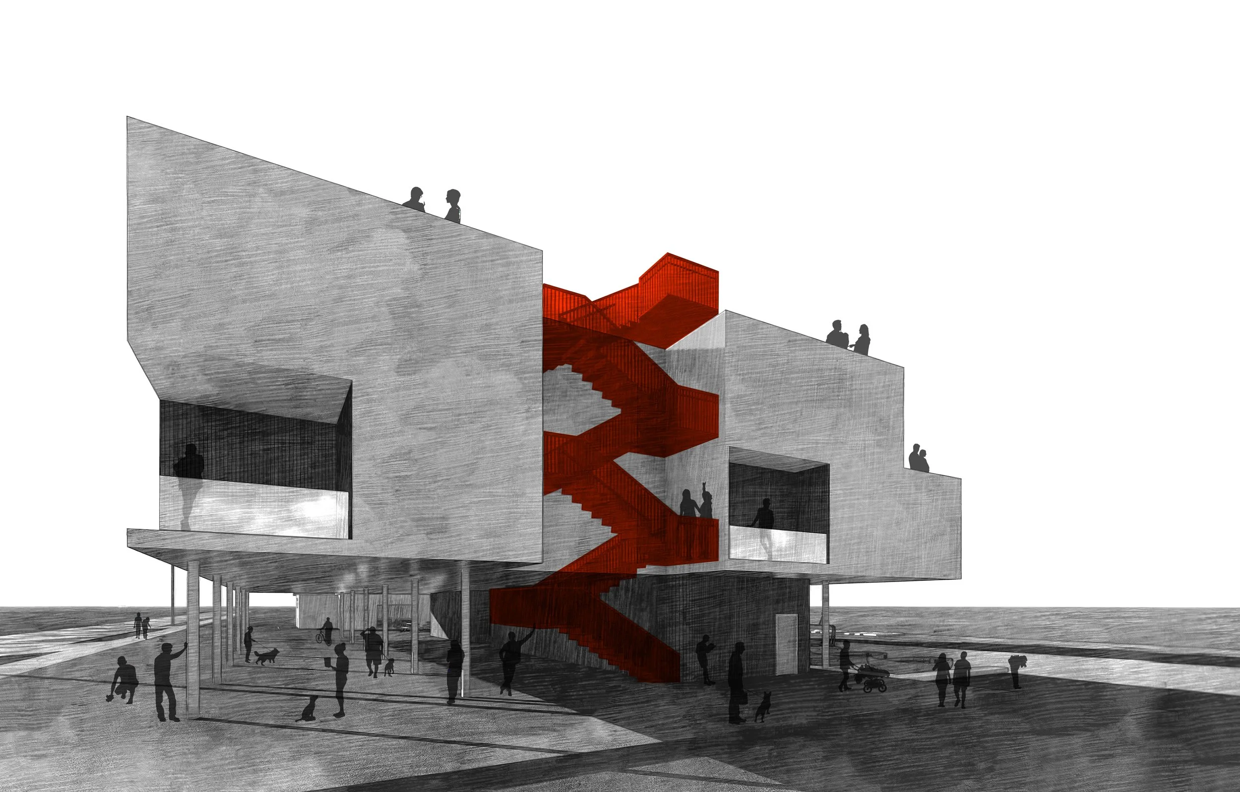 A modern architectural building with multiple levels connected by a red spiral staircase, with silhouettes of people walking, sitting, and socializing outside against a bright sky.