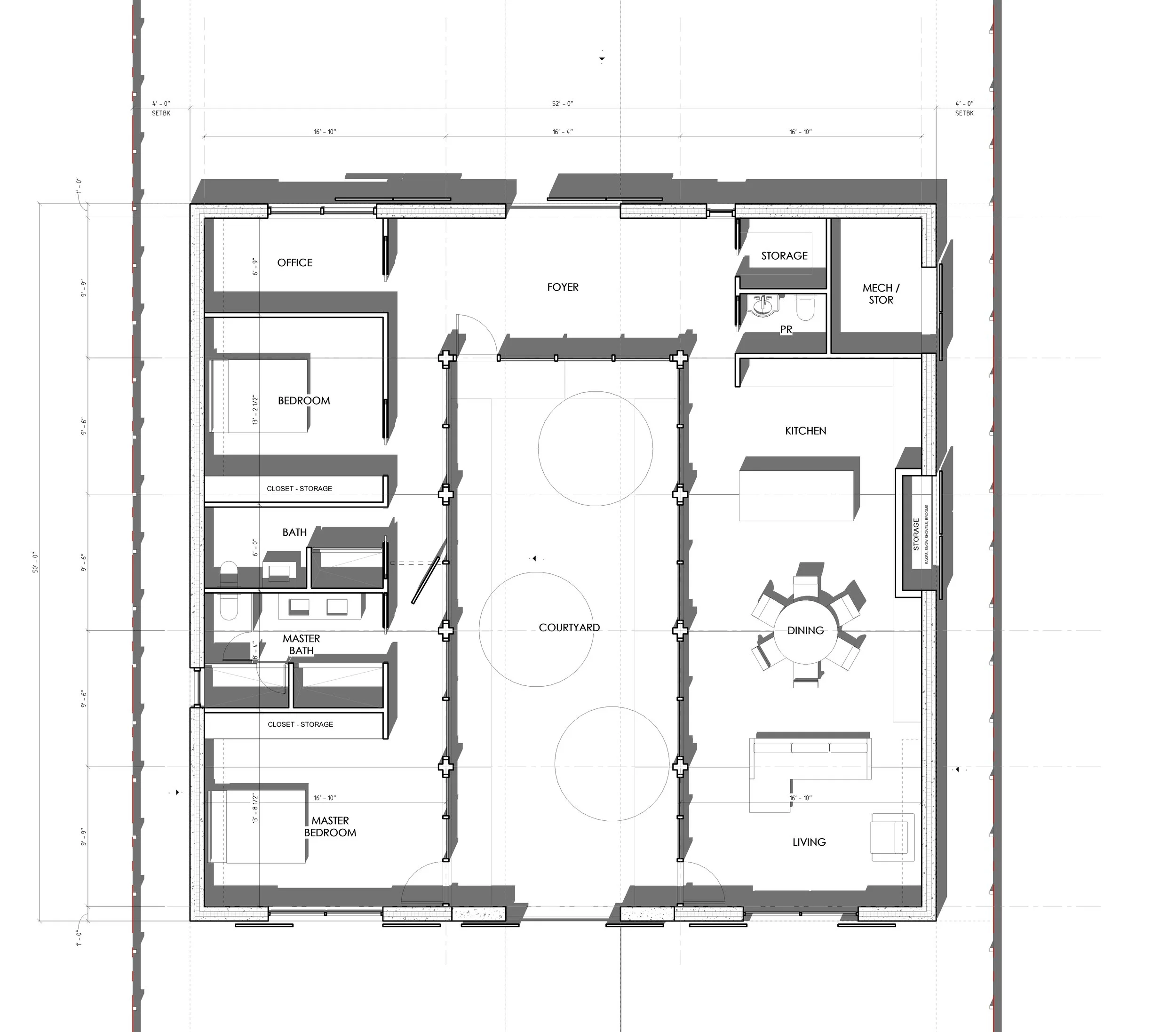 Architectural blueprint of a house floor plan with labels for rooms including office, bedroom, bathroom, courtyard, foyer, kitchen, storage, mechanical/storage, and living area. brahlerdesign.