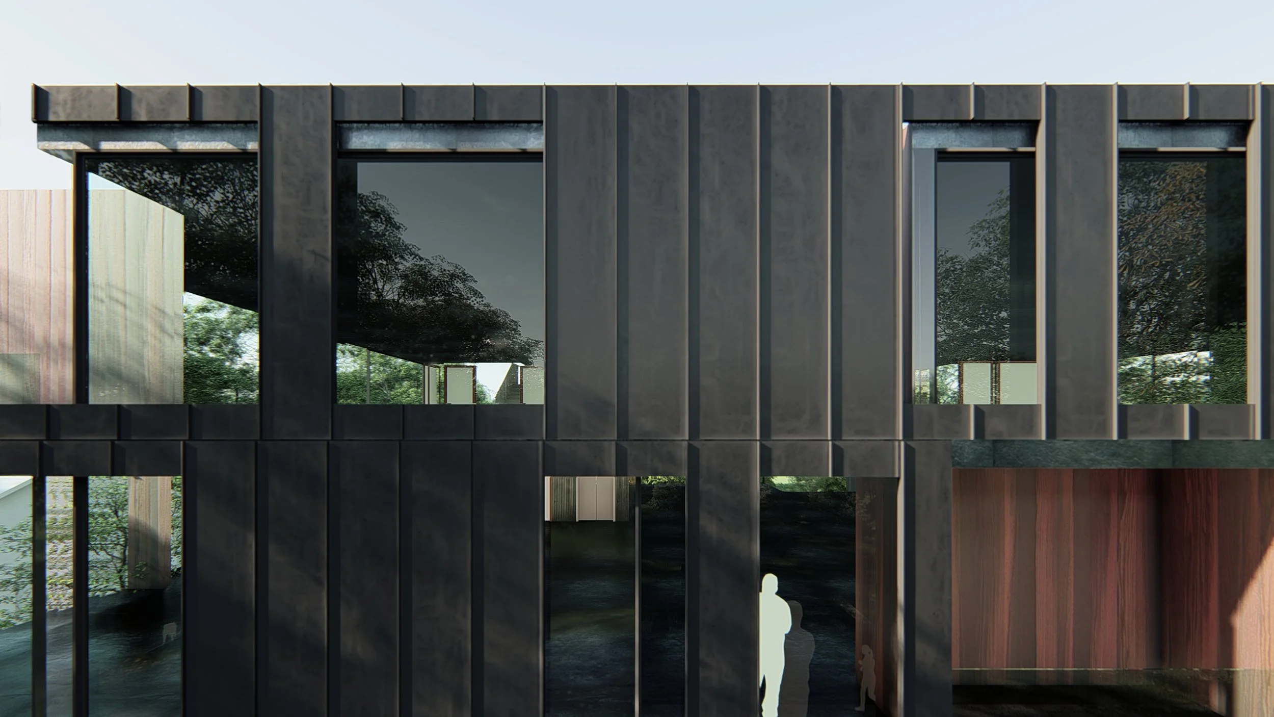 Modern building with large rectangular windows, vertical dark zinc panels, and a mix of wood and zinc materials. brahlerdesign.