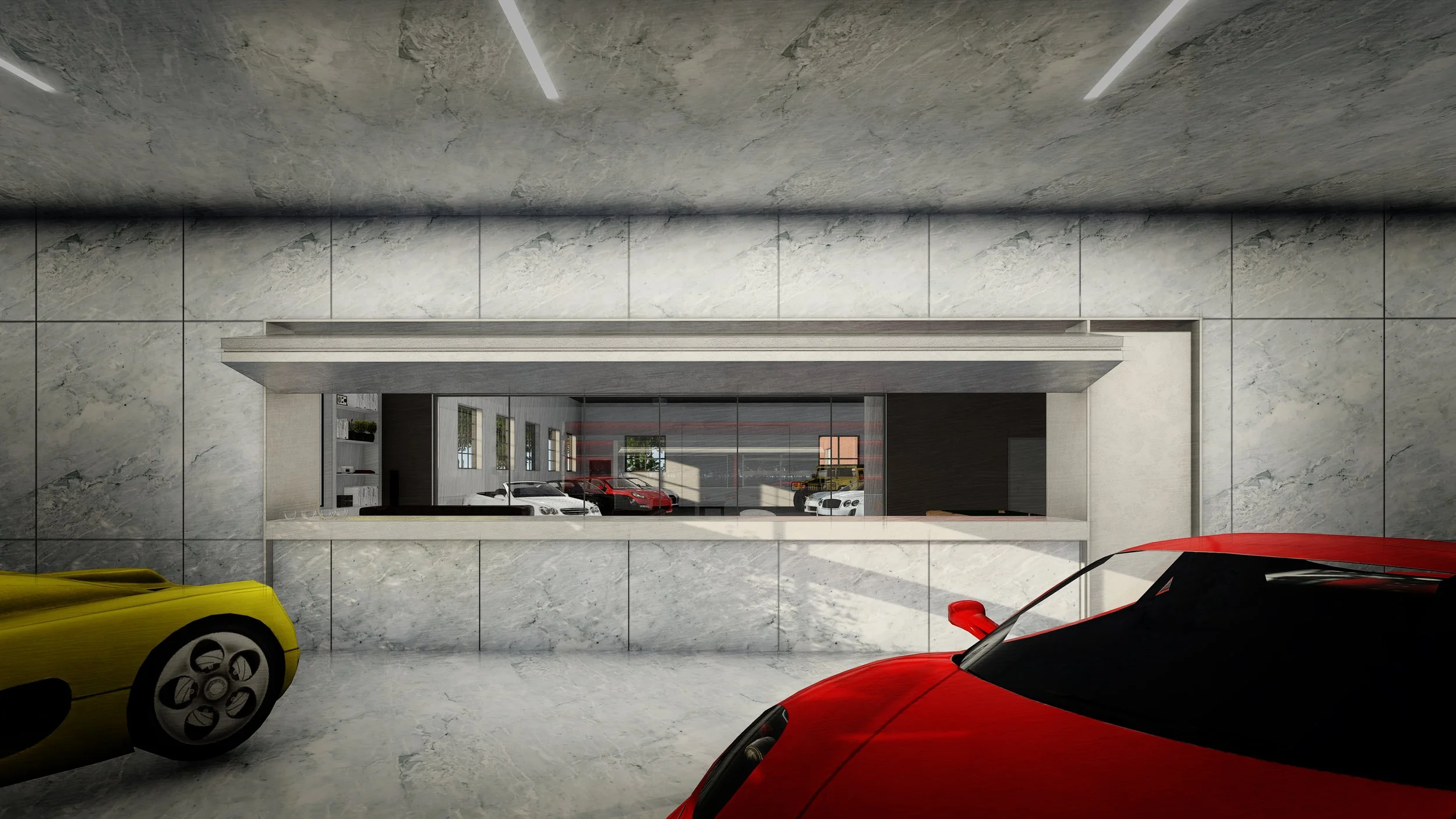 View of a luxury car showroom with a marble wall, large window, and several sports cars, including red, yellow, and white models by brahlerdesign.