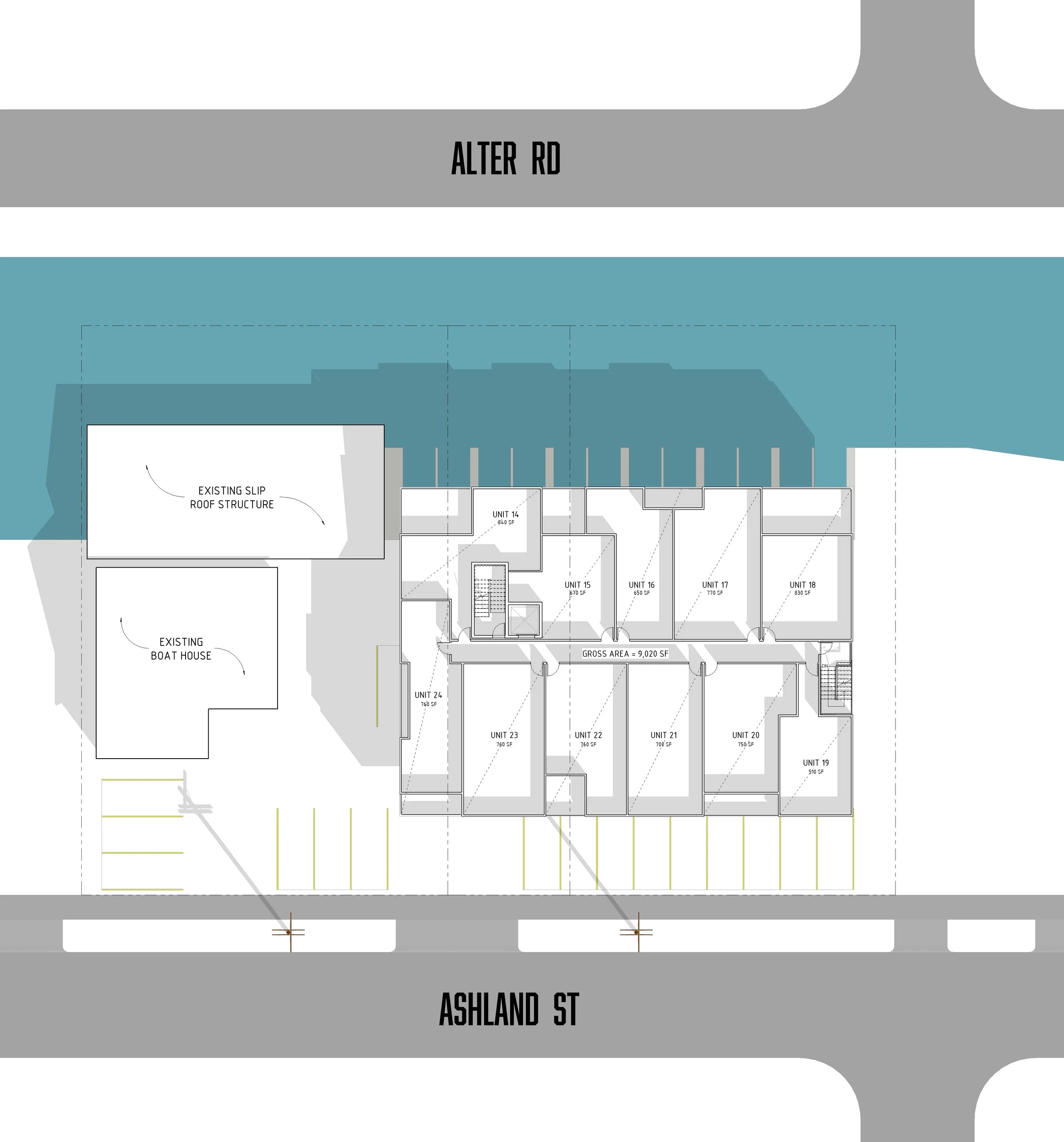 Architectural site plan showing building units, parking spaces, and existing structures at the intersection of Alter Road and Ashland Street.
